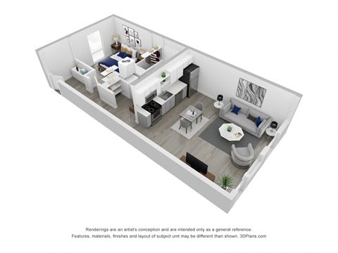 Floor plan for 1 bed, 1 bath, 598 sqft